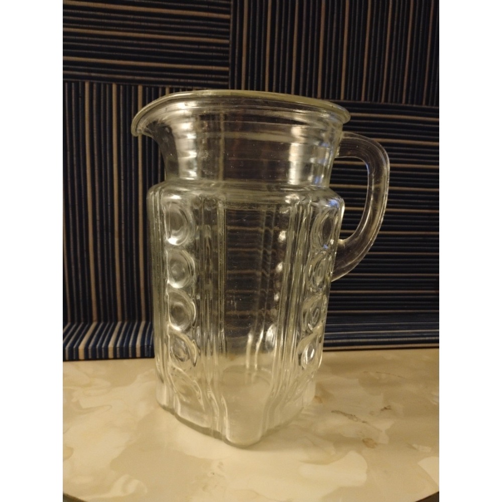 Vintage Clear‎ Glass Pitcher 1970's Hippie Chic Decor Columns & Dots Coin Design